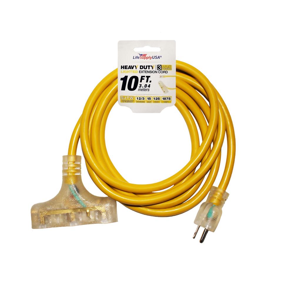 LifeSupplyUSA 10 ft. 12/3 SJTW 3Outlet 15 Amp 125Volt 1875Watt Lighted End Extension Cord