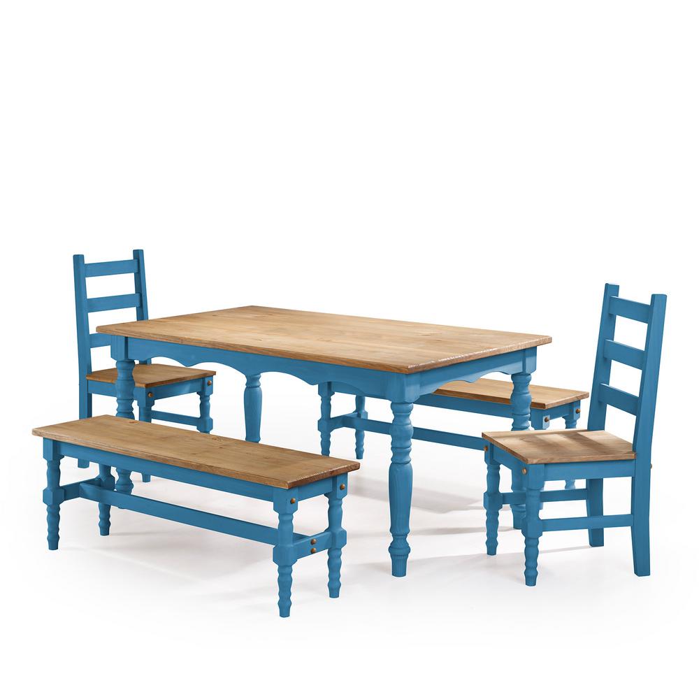 Manhattan Comfort Jay 5 Piece Blue Wash Solid Wood Dining Set With 2 Jay 5 Piece Blue Wash Solid Wood Dining Set With 2 Benches Chairs And 1 Table