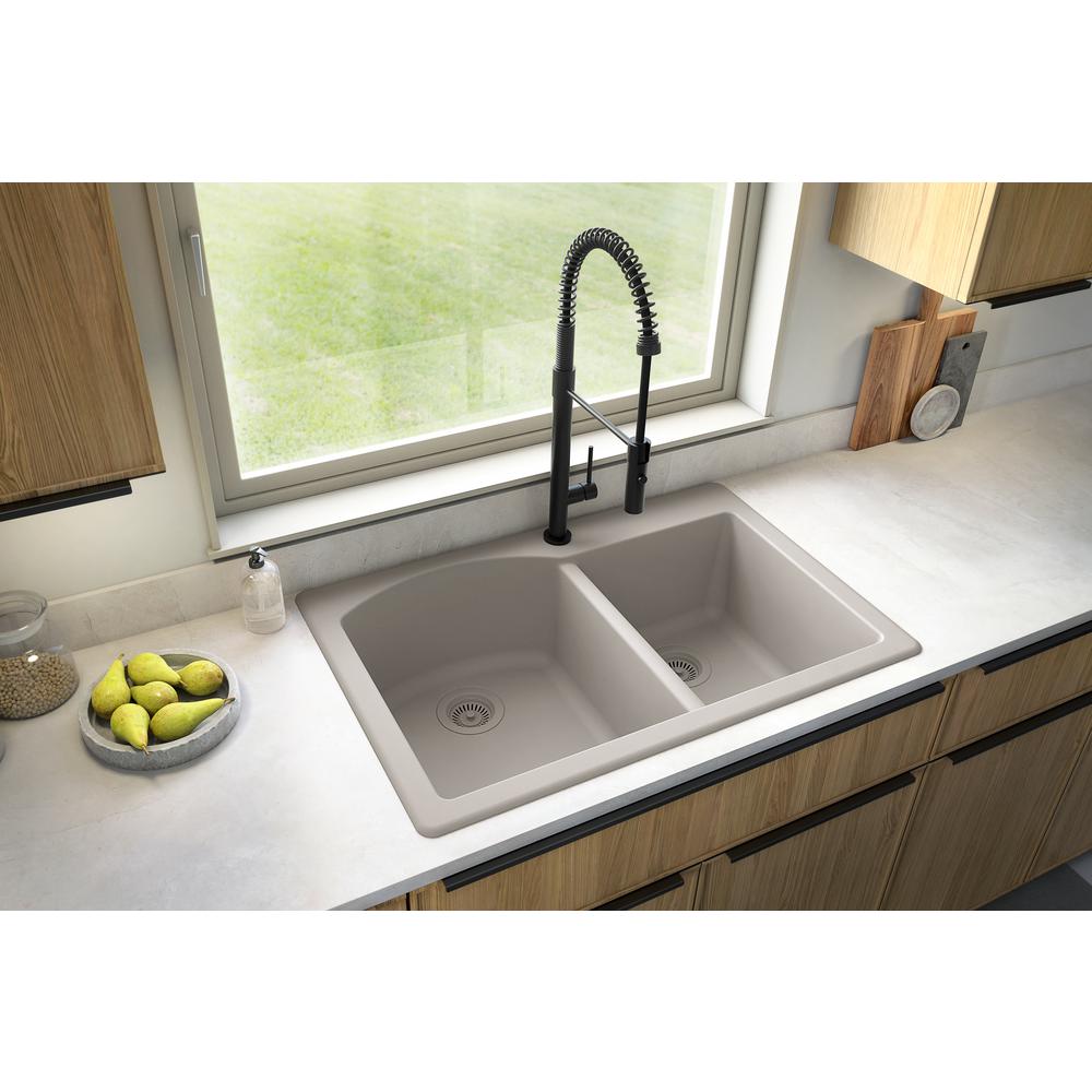 Karran QT-610 Drop-In Quartz Composite 33 in 1-Hole 60//40 Double Bowl Kitchen Sink Kit in Grey