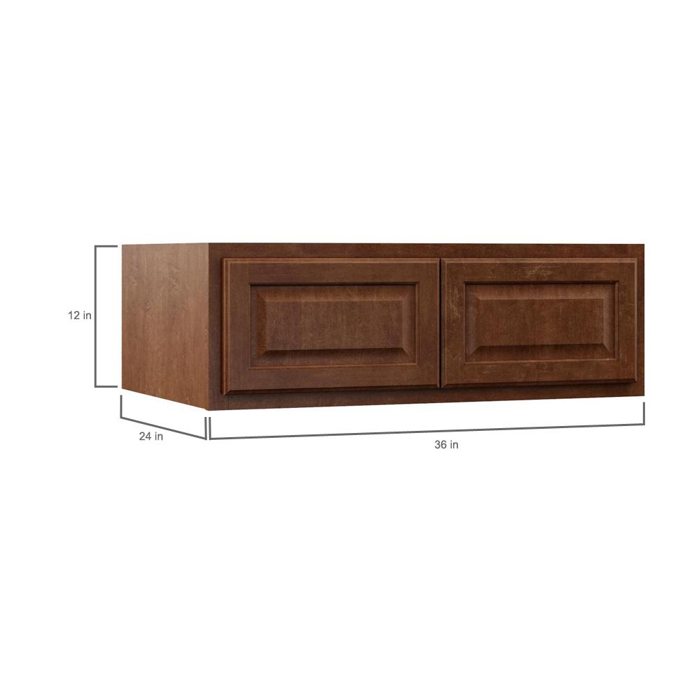 Hampton Bay Hampton Assembled 36x12x24 In Above Refrigerator Deep Wall Bridge Kitchen Cabinet In Cognac Kw361224 Cog The Home Depot