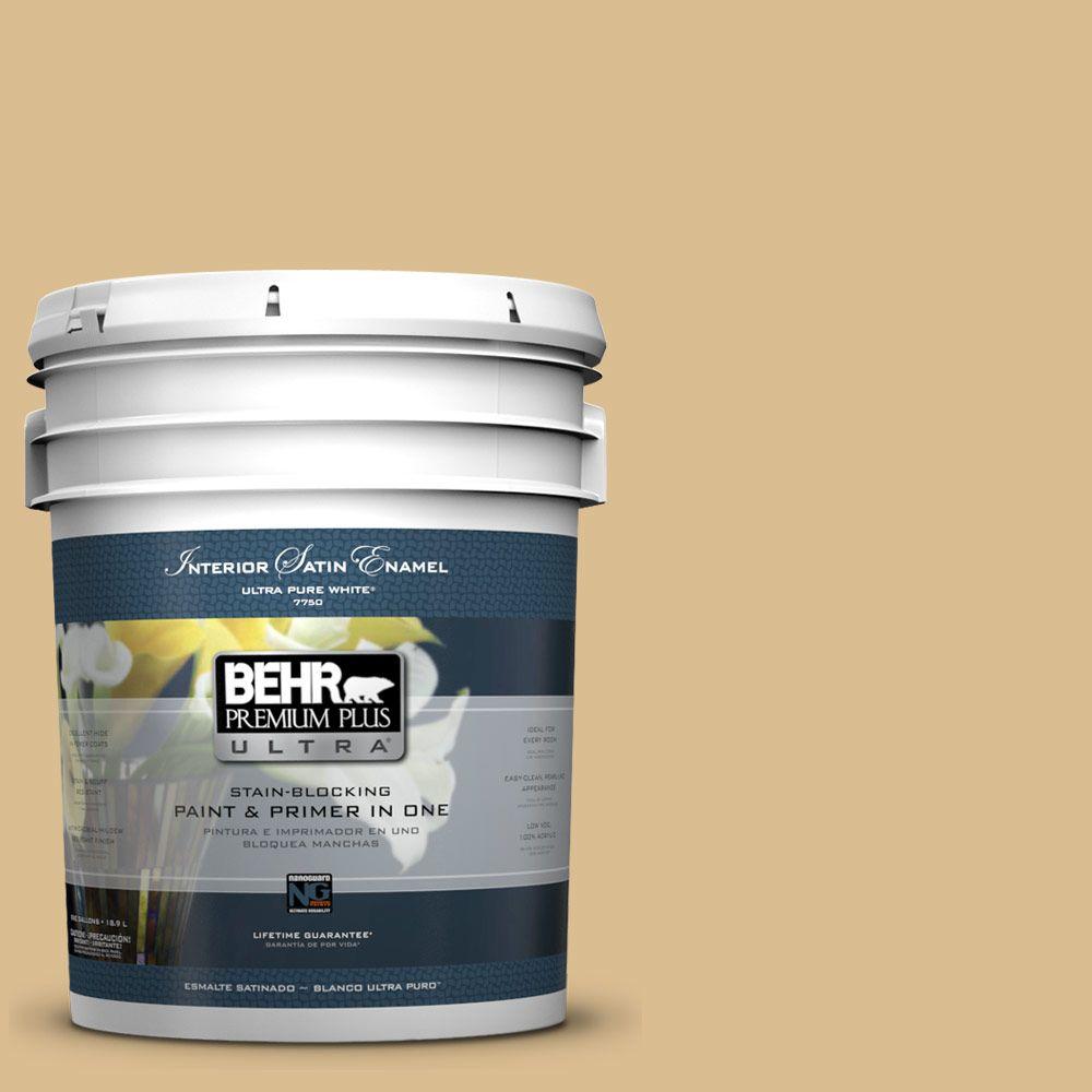 BEHR Premium Plus 5 gal. YLW11 Khaki Shade Satin Enamel Zero VOC Interior Paint and Primer in