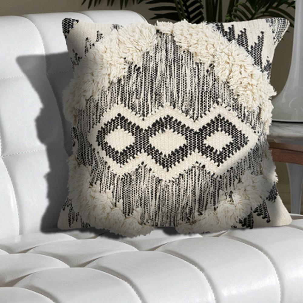 Ranch Style Ivory and Black Geometric Hypoallergenic Polyester 20 in. x 20 in. Throw Pillow