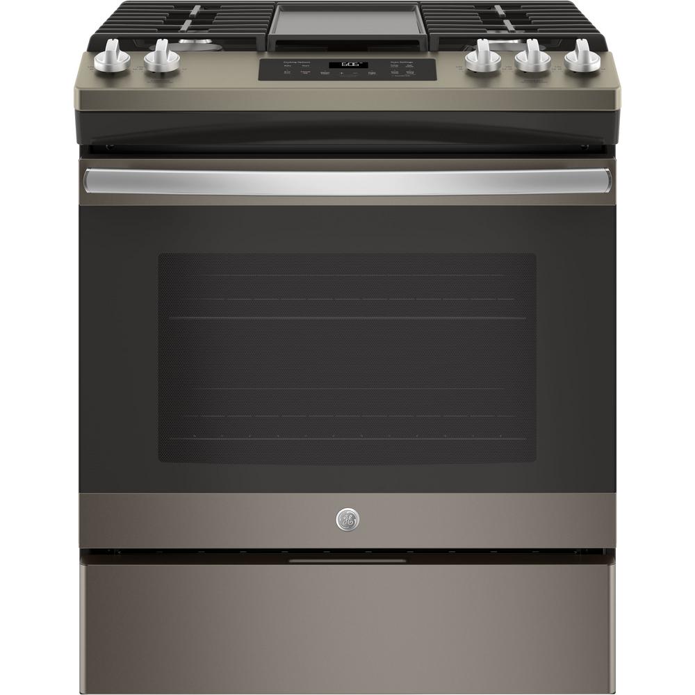 GE 5.3 cu. ft. Slide-In Gas Range with Steam-Cleaning Oven in Slate, Fingerprint Resistant