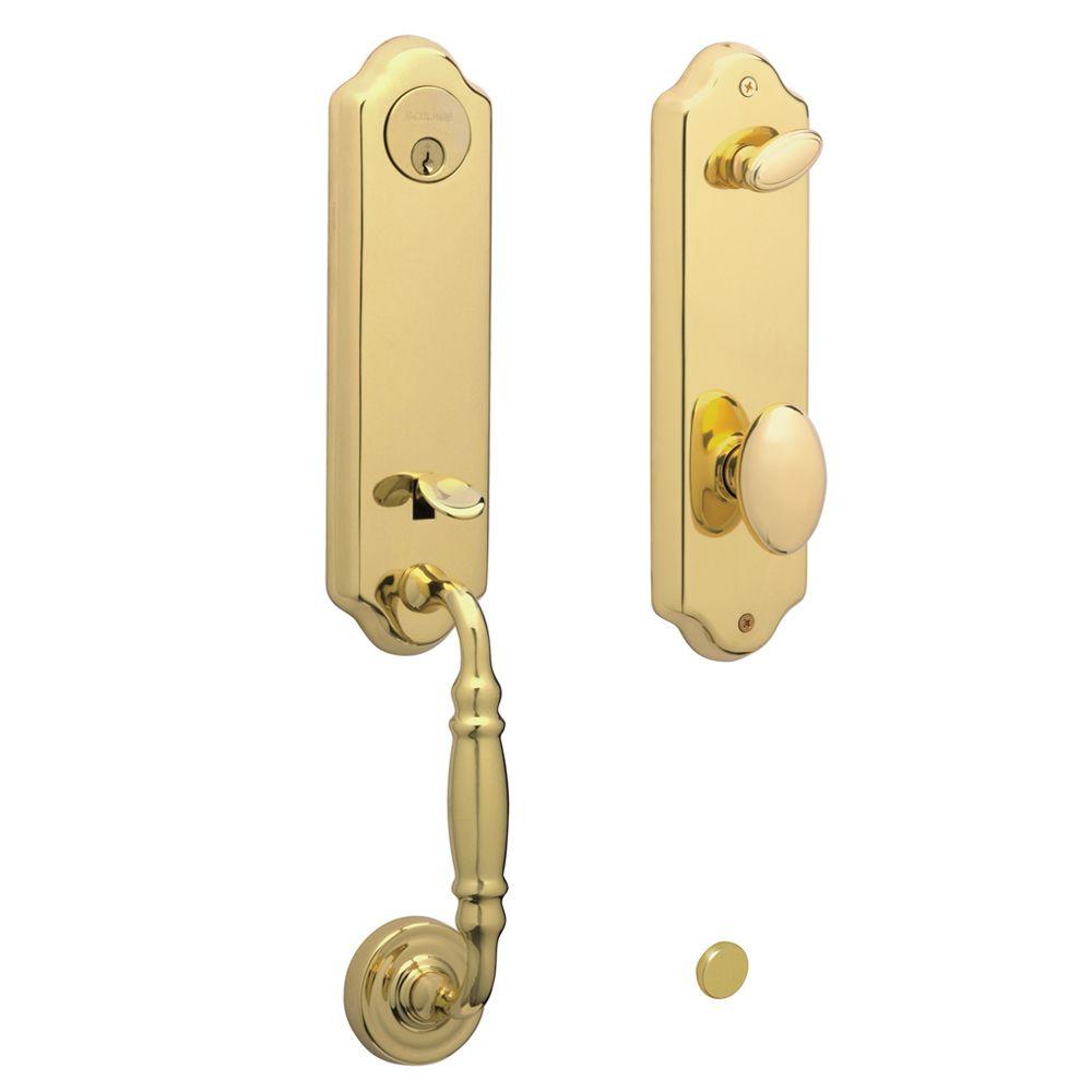 Schlage Florence Bright Brass Handleset with Danbury Interior KnobF360