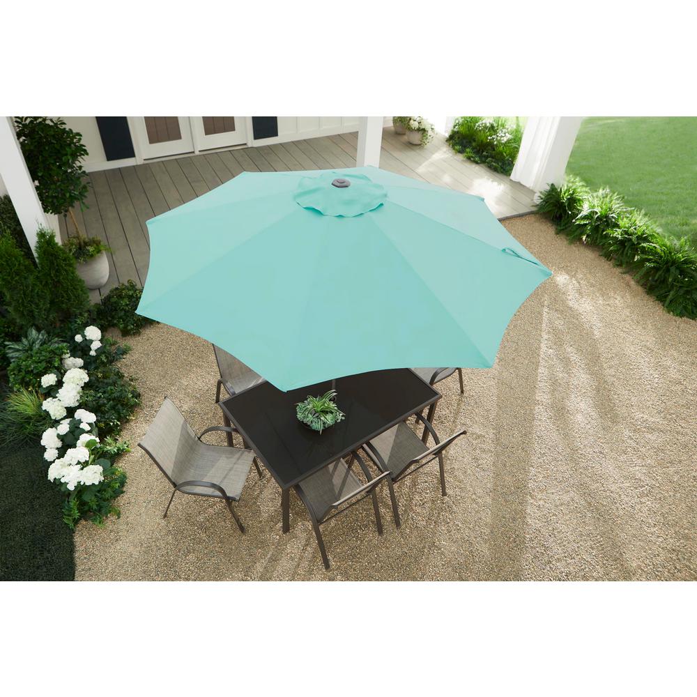 Hampton Bay 9 Ft Riverbrook Steel Espresso Brown Market Crank And Tilt Outdoor Patio Umbrella In Haze Teal Blue Yjauc 171 Haze The Home Depot