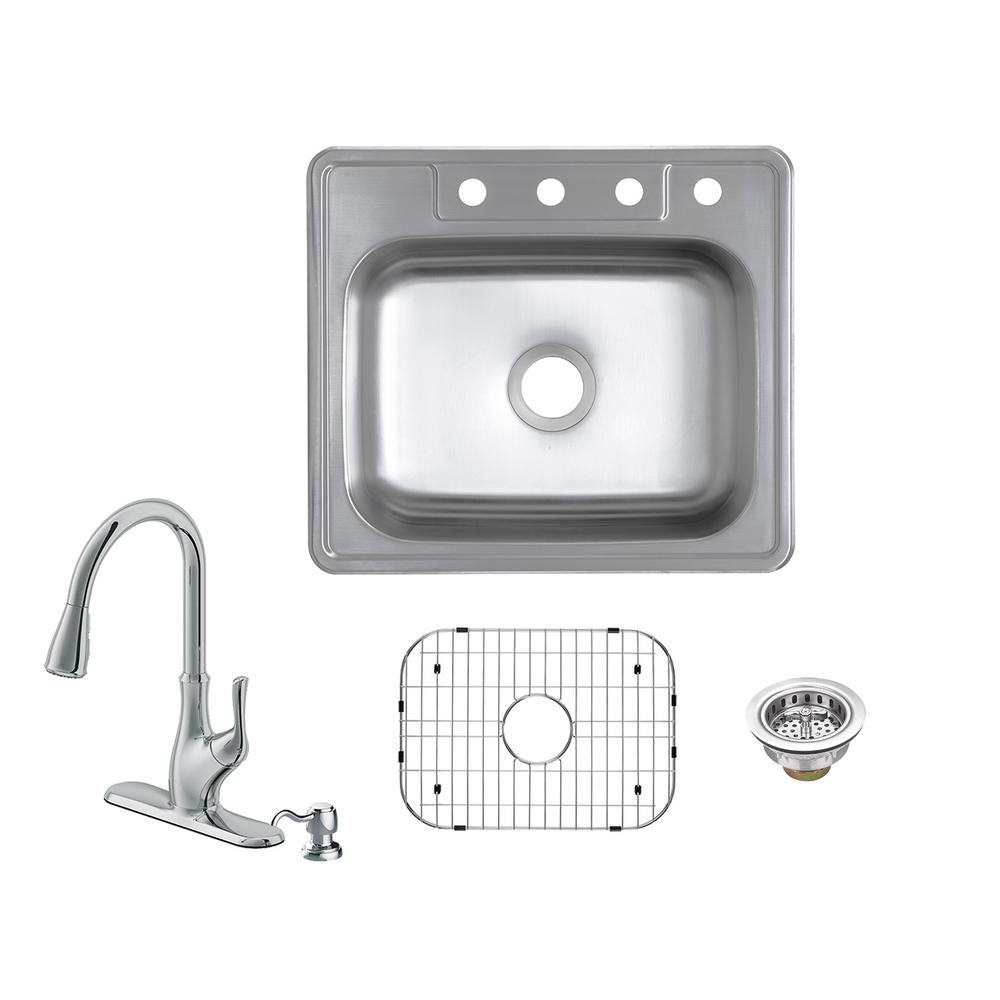 Glacier Bay All In One Drop 20 Gauge Stainless Steel 25 4 Hole Single Bowl Kitchen Sink With Pull Out Faucet