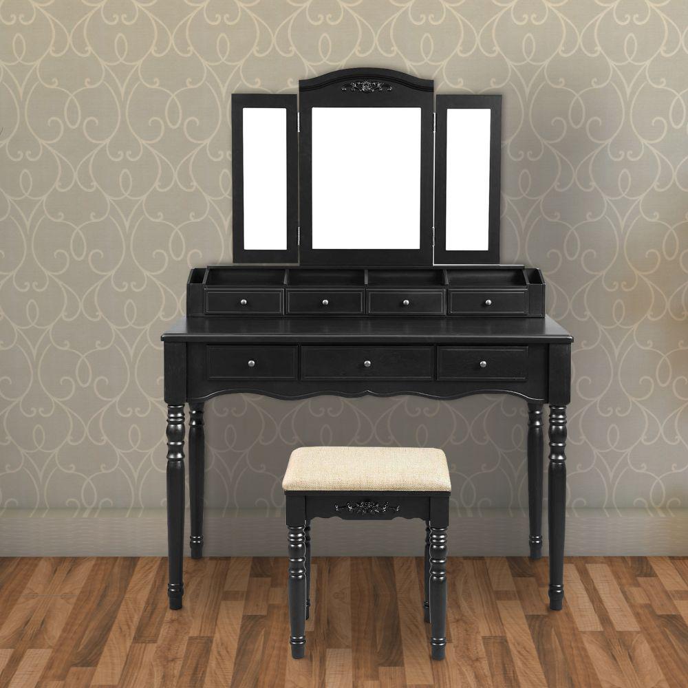 Benjara 59 7 In H Black 3 Piece Wooden Vanity Set With Trifold Mirror And Padded Stool Bm209175 The Home Depot