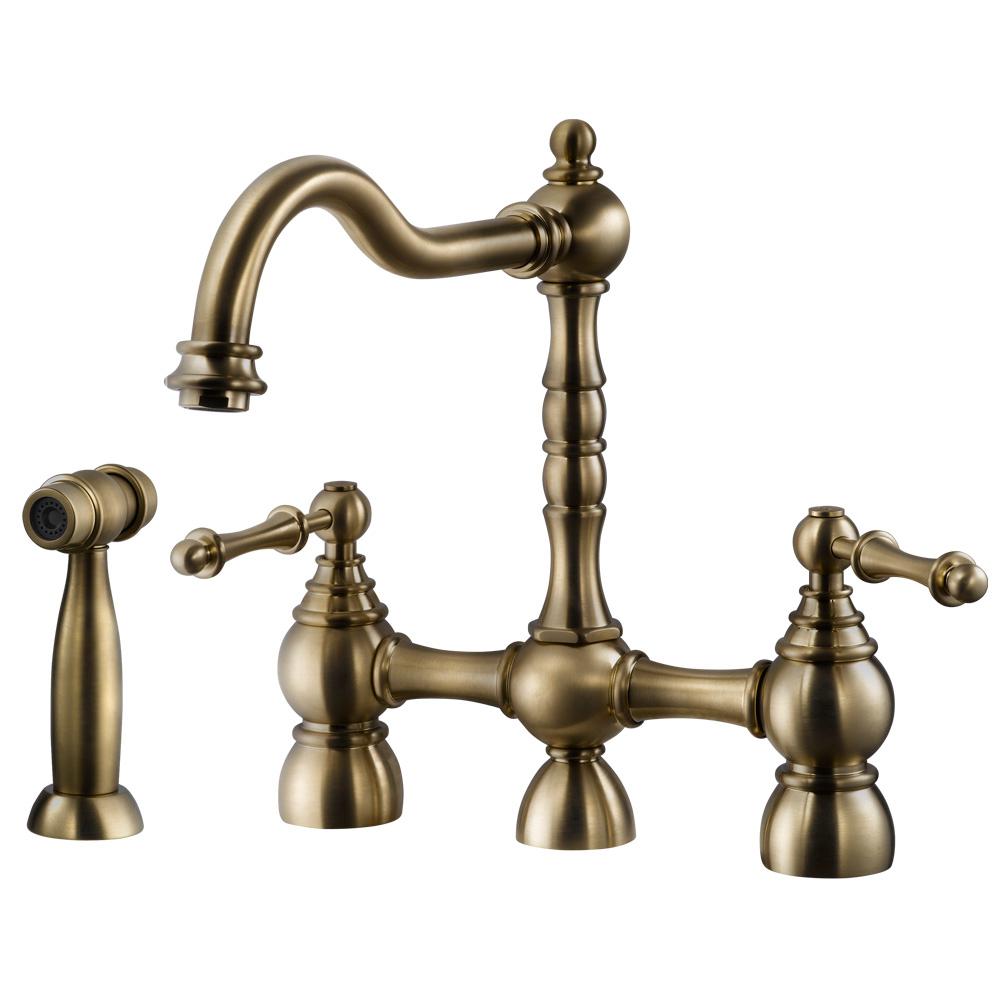 Houzer Lexington Traditional 2 Handle Bridge Kitchen Faucet With Sidespray And Ceradox Technology In Antique Brass Lexbs 956 Ab The Home Depot