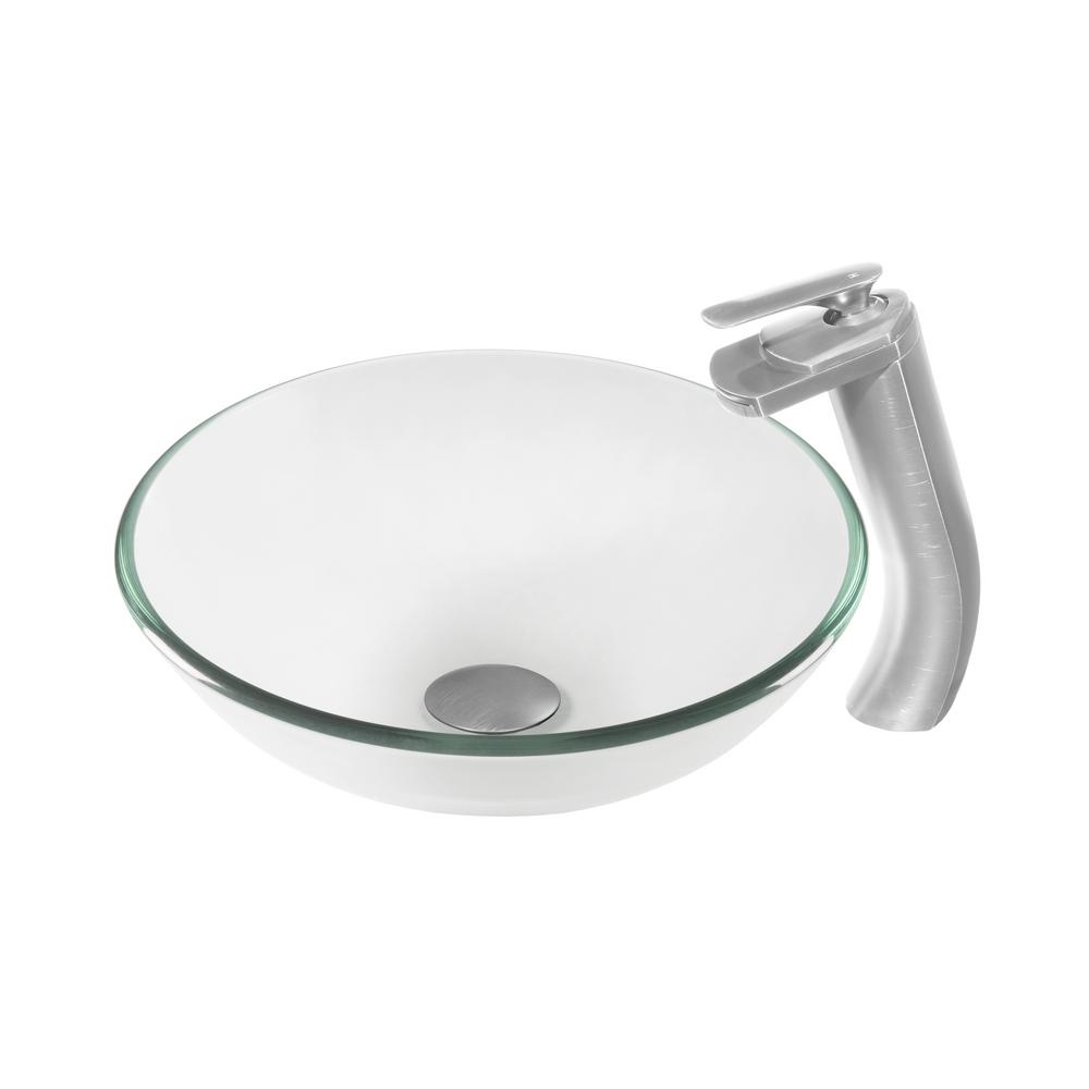 Glass Vessel Sink in Clear with Sealer, Drain, Mounting Ring and Faucet