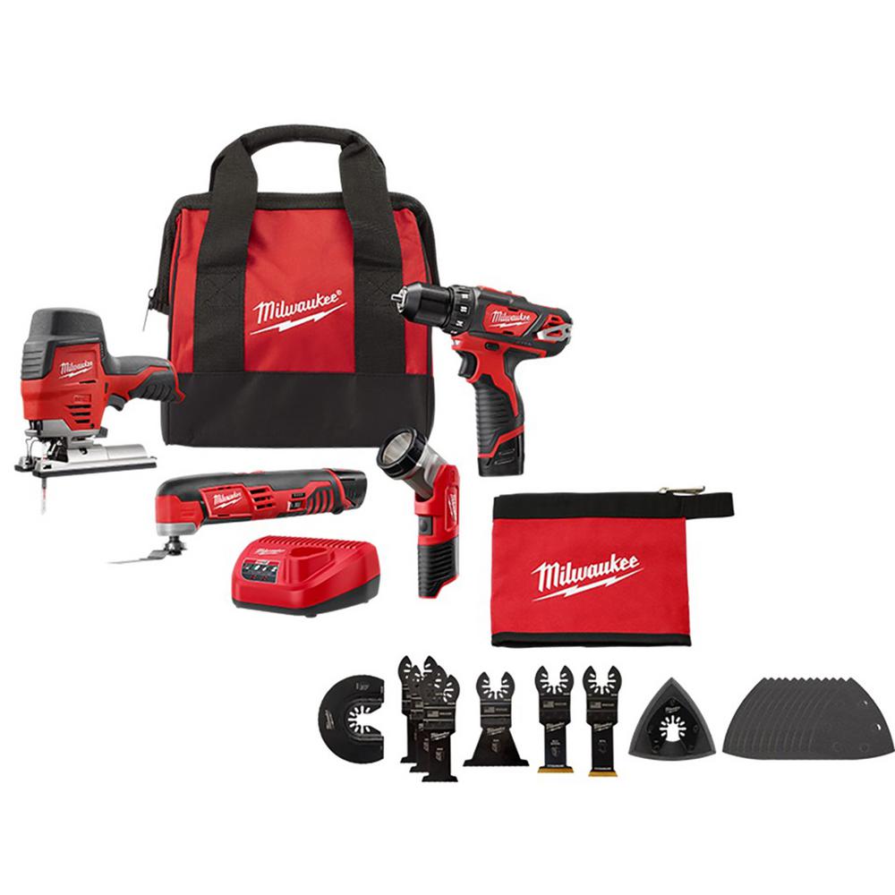 Milwaukee M12 12 Volt Lithium Ion Cordless Combo Kit 5 Tool With Titanium Drill Bit Set 15 