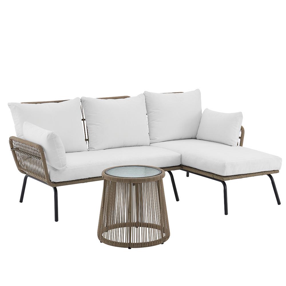 Barton 3 Piece L Shaped Rattan Outdoor Patio Sectional Furniture Set With White Cushioned Seat And Table 93510 The Home Depot
