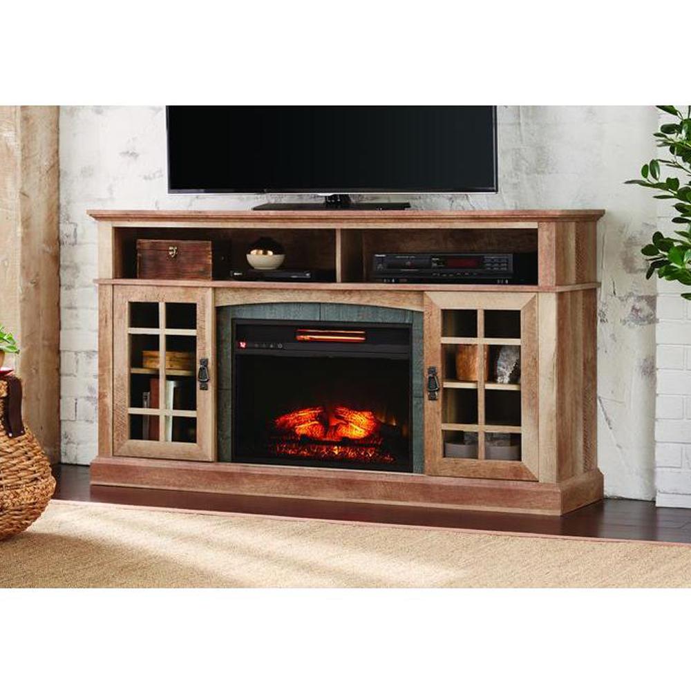 Living Room Furniture The Home Depot Tv Stand Infrared Electric Fireplace In Natural Beige Driftwood Finish