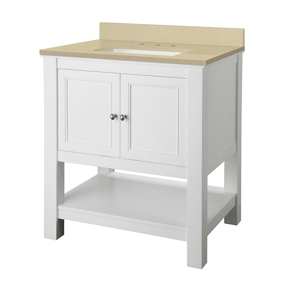 Home Decorators Collection Gazette 31 in. W x 22 in. D Vanity in White with Engineered Marble Vanity Top in Crema Limestone with White Sink was $666.0 now $466.2 (30.0% off)