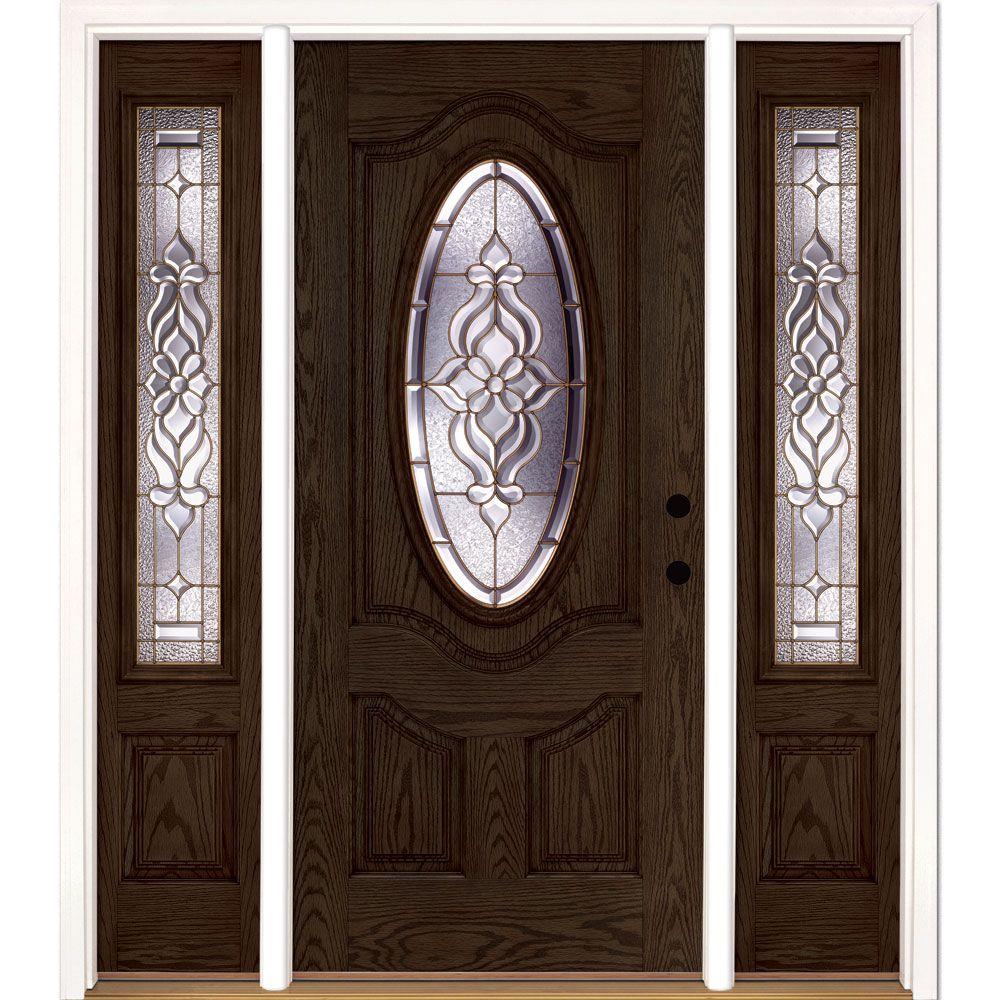 Feather River Doors 63 5 In X81 625 Lakewood Brass 3 4 Oval Lite Stained Walnut Oak Left Hand Fiberglass Prehung Front Door W Sidelites
