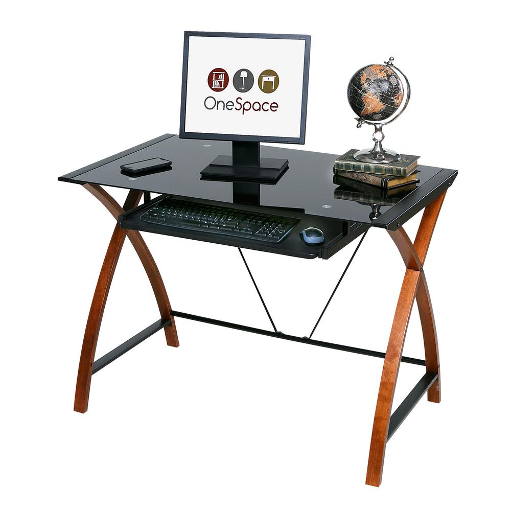 Onespace Black Glass And Wood Computer Desk With Pullout Keyboard