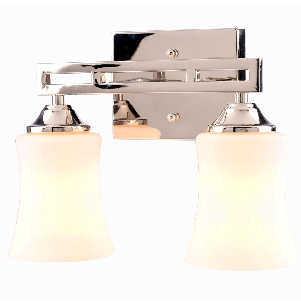 Hampton Bay Larson 2 Light Polished Nickel Vanity Light With Dual Bar And Frosted Glass Shades