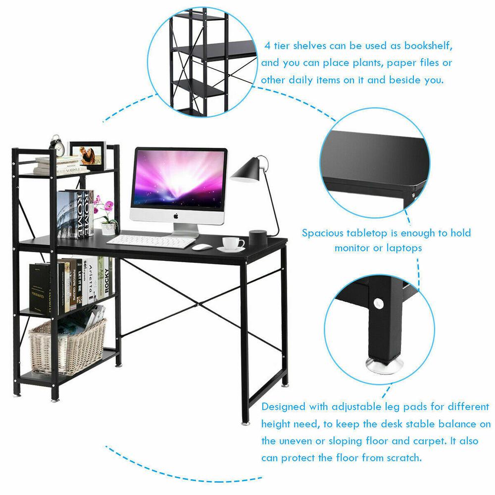 Modern 4 Tier Bookcase Shelf Computer Desk PC Study Table Home Office Worksation
