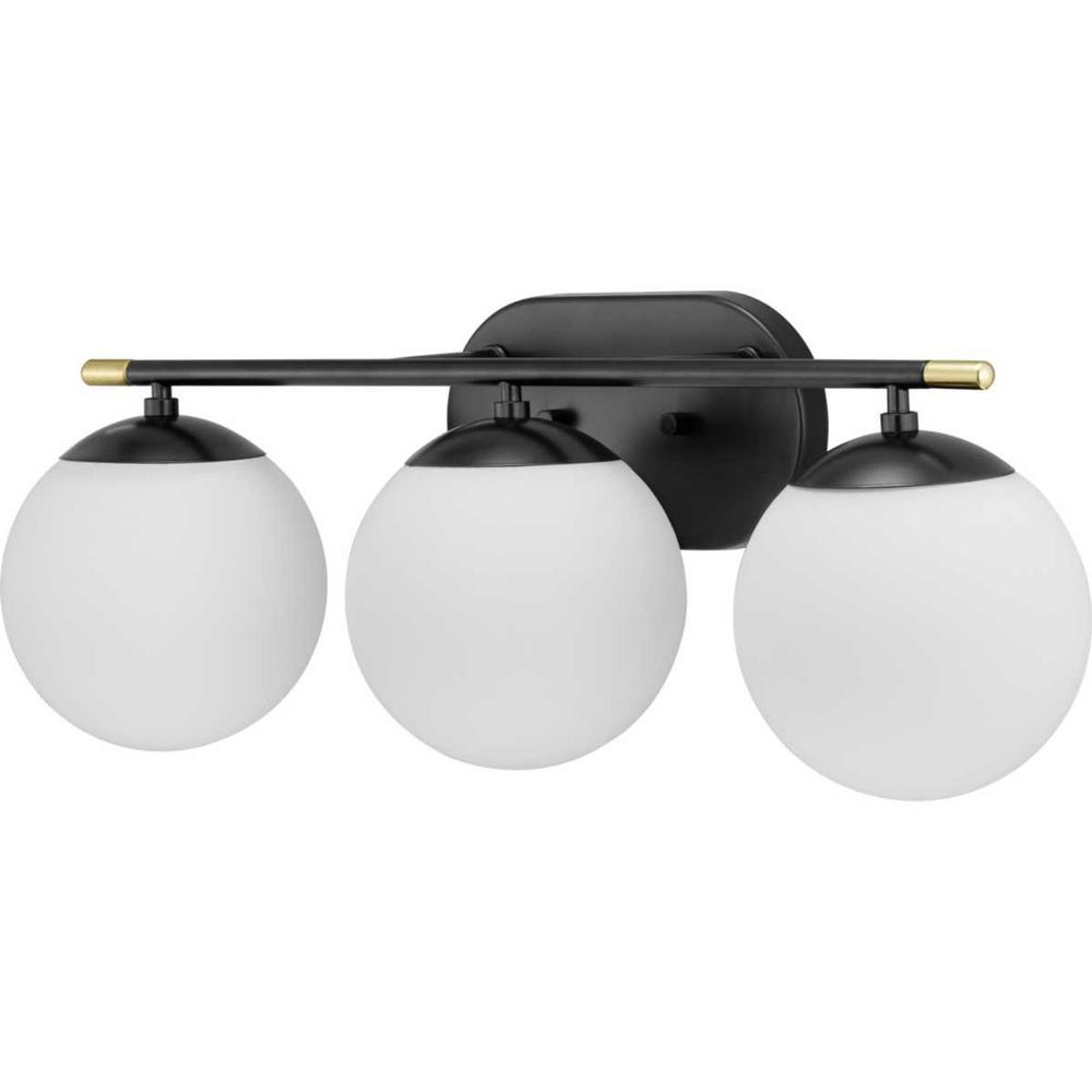 Progress Lighting Hartnett 8 in. 3-Light Matte Black Vanity Light with Satin Brass Accents and Etched Opal Glass Shades