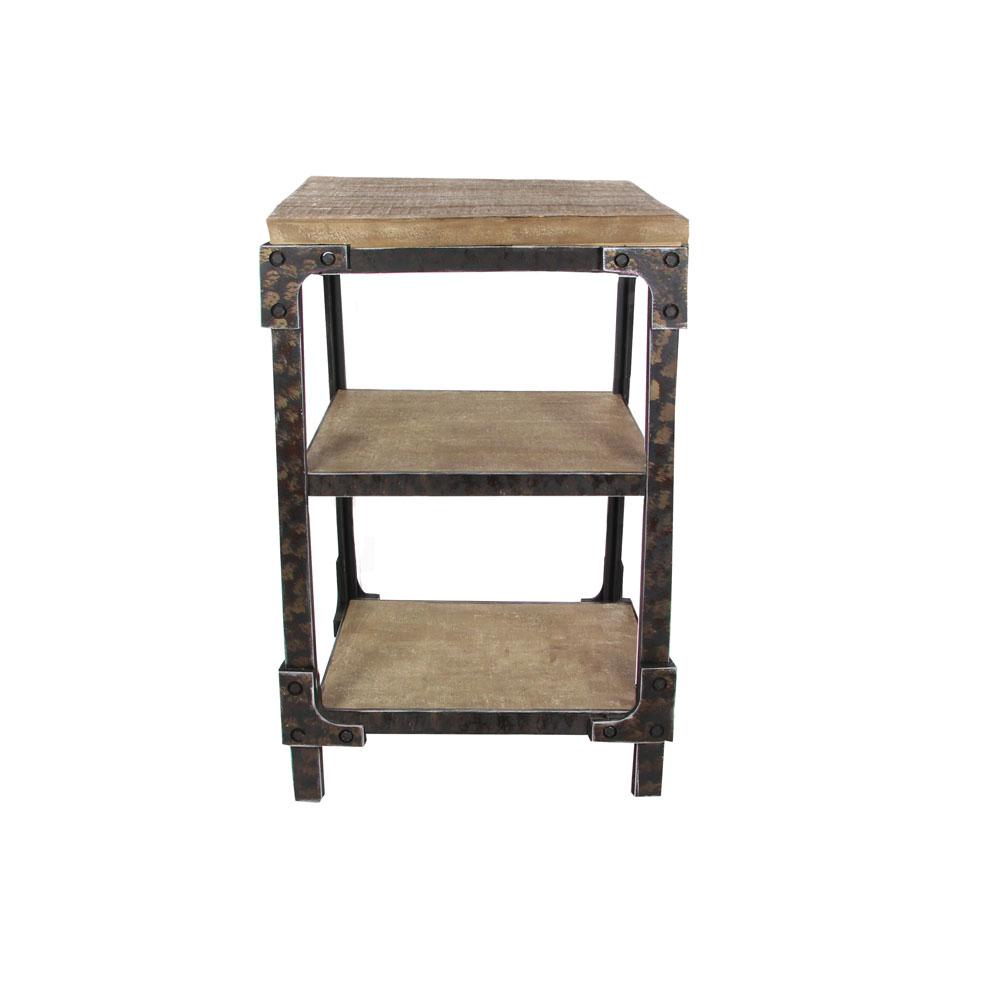 Distressed Brown 3 Tier Side Table With Black Iron Frame