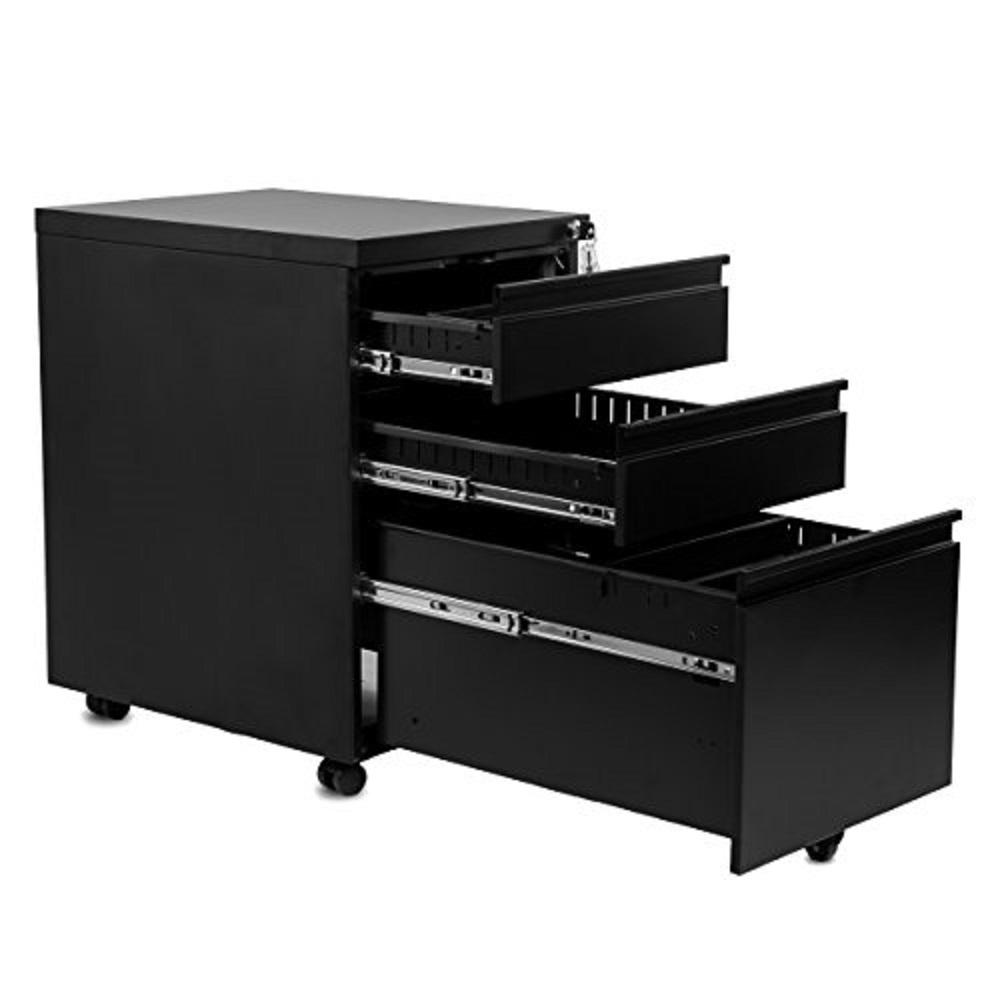 Boyelliving 3 Drawers Black Home Office Lockable File Cabinet