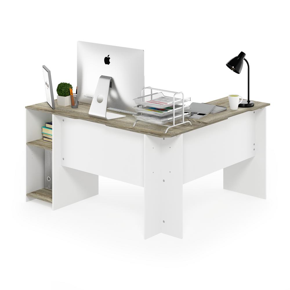Furinno Indo Natural White L Shaped Desk With Bookshelves 16084nwh