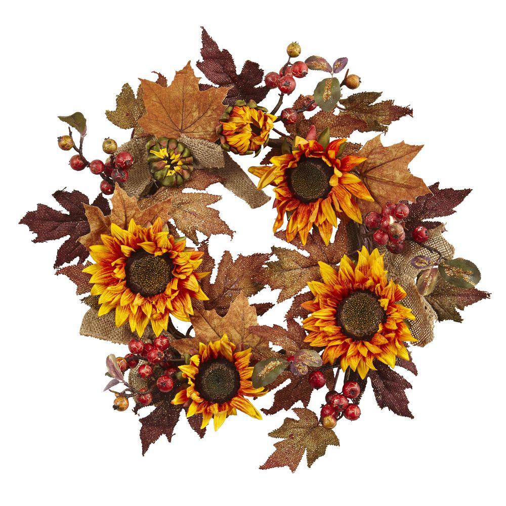 Nearly Natural 24 in. Artificial Sunflower and Berry Wreath4867 The