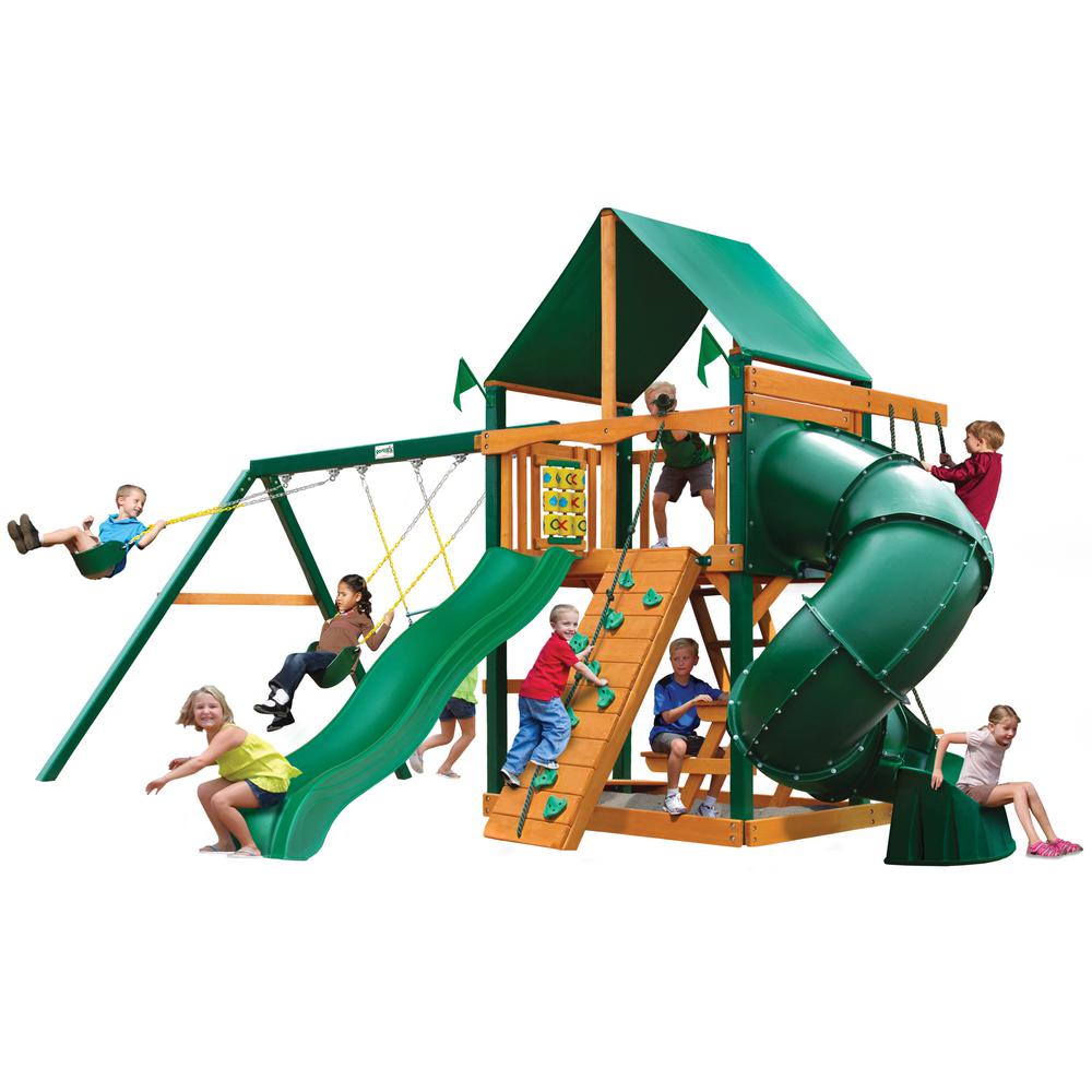 Gorilla Playsets Mountaineer Wooden Swing Set With Timber Shield Posts 2 Slides And Rock Climbing Wall