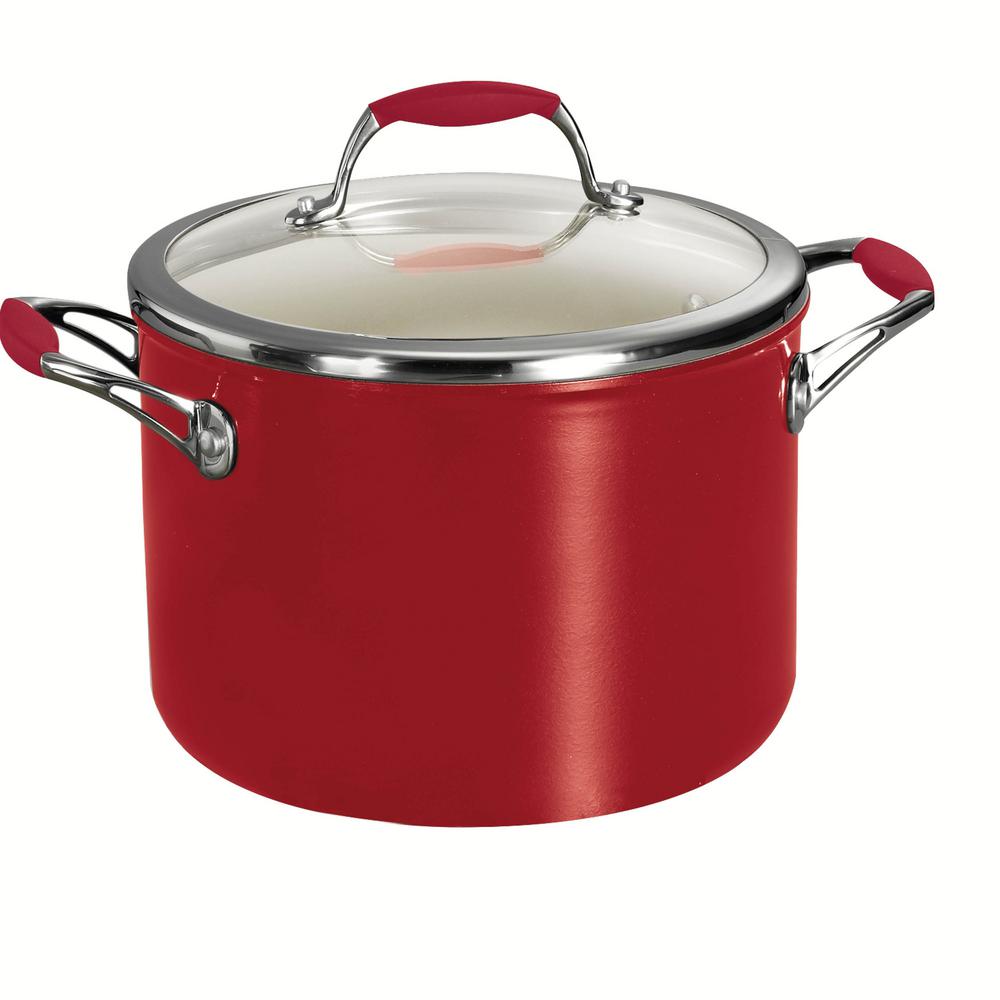 Tramontina Gourmet Ceramica Deluxe 6 Qt Aluminum Ceramic Nonstick Stock Pot In Metallic Red With Glass Lid 80110 065ds The Home Depot