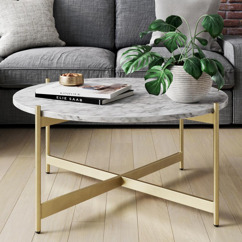 Nathan James Piper White Faux Marble Brass Gold Metal Frame Round Modern Living Room Coffee Table 31502 The Home Depot