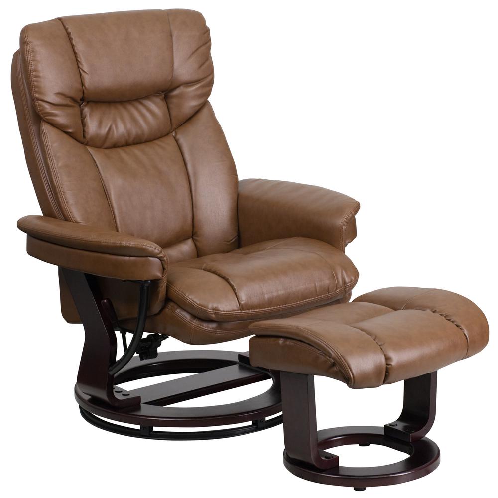 Cafe Brown Leather Recliner And Ottoman Furniture The Home Depot Contemporary Palomino Leather Recliner And Ottoman With Swiveling Mahogany Wood