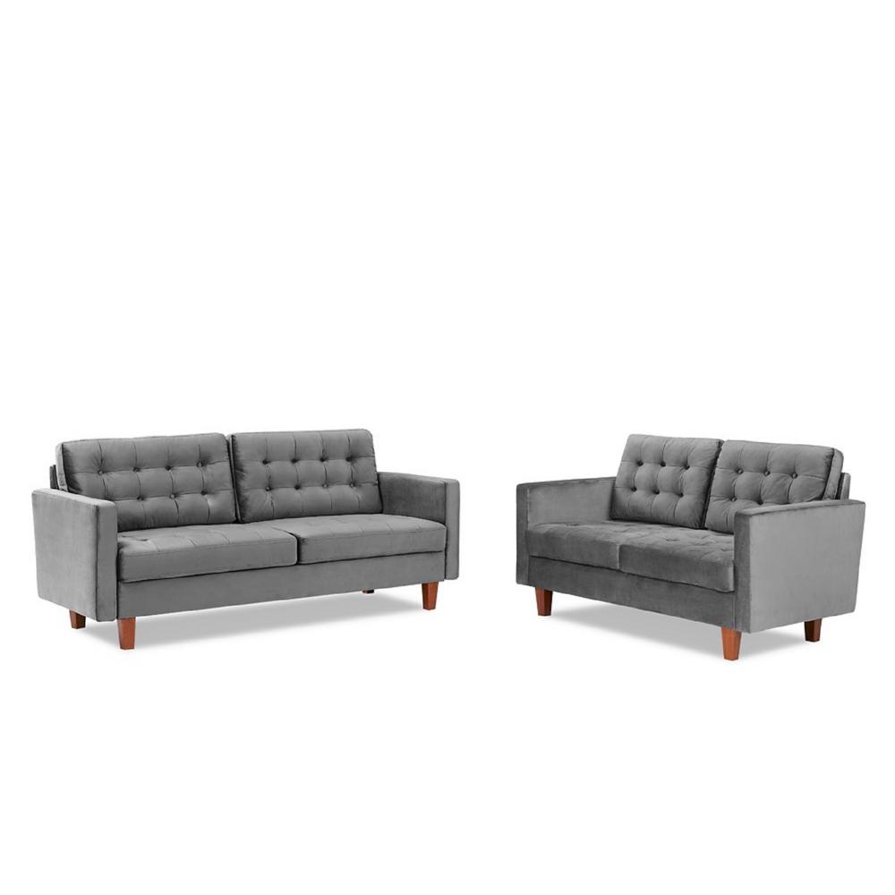 US PRIDE FURNITURE Sophia Grey 2Piece Velvet Tufted Living Room Set Sofa and Loveseat S5638L+S