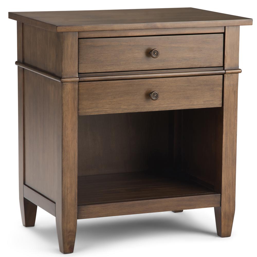 Simpli Home Carlton 2 Drawer Solid Wood 24 In Wide Contemporary Bedside Nightstand Table In Rustic Natural Aged Brown 3axccrl 11rnab The Home Depot