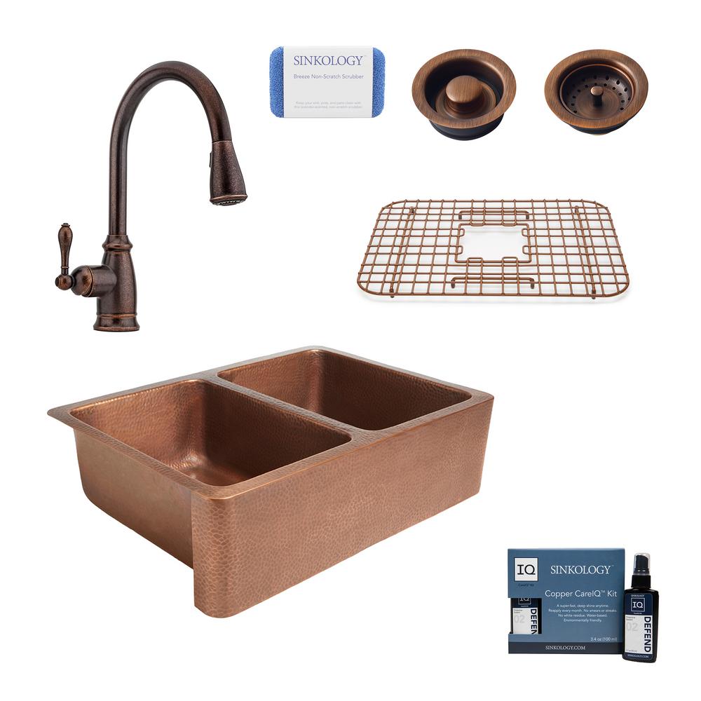 Rockwell Farmhouse Apron Front Copper All In One 33 In Double Bowl 50 50 Kitchen Sink With Pfister Faucet And Drains