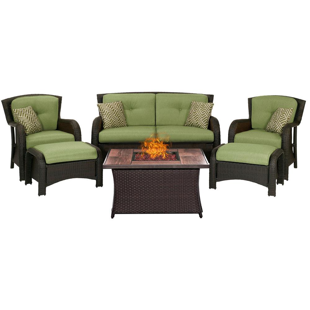 Green Outdoor Lounge Furniture Patio The Home Depot Strathmere 6 Piece Woven Patio Seating Set With Wood Grain Top Fire Pit