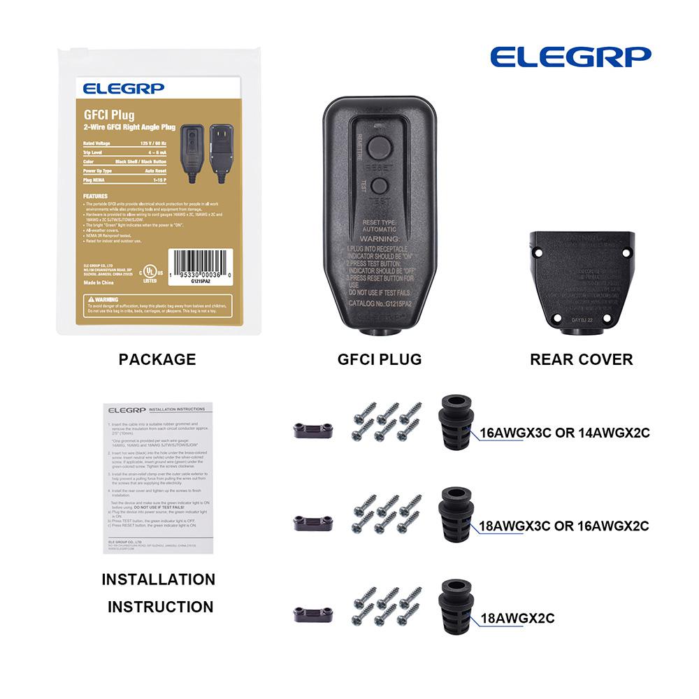ELEGRP G1215PA2 Auto Reset GFCI Replacement Plug Assembly 15 Amp 2 Wires NEMA 1
