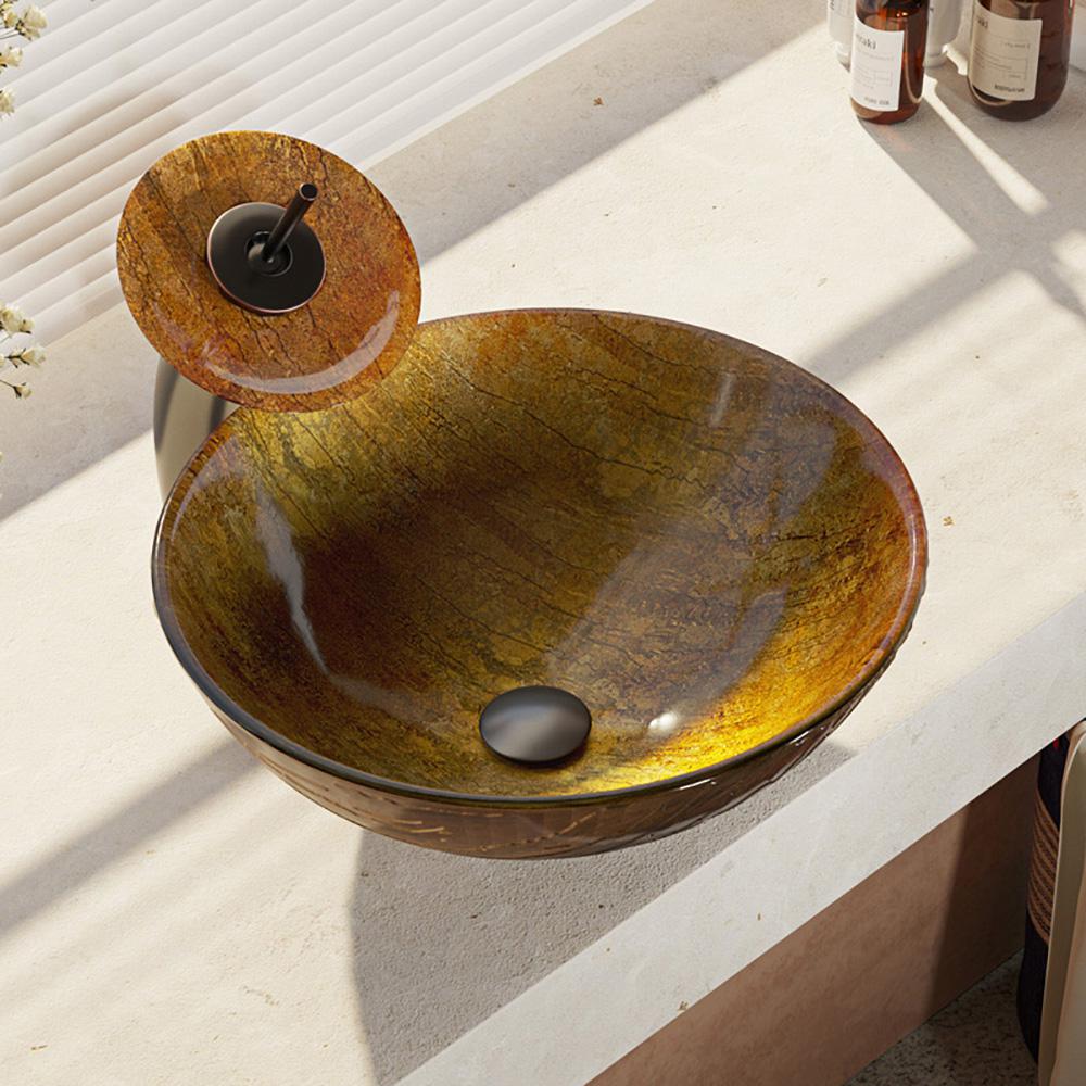 Rene Glass Vessel Sink in Bronze Hues with Waterfall Faucet and PopUp