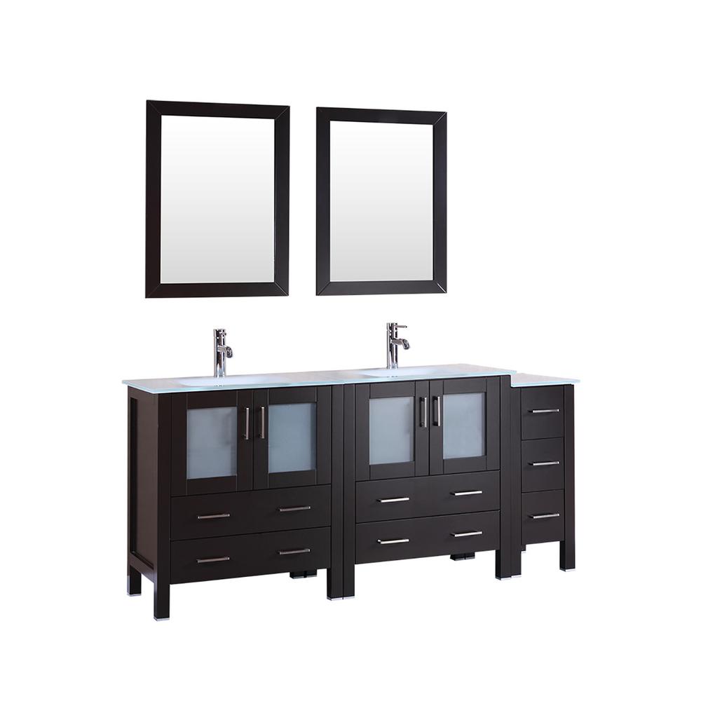 Bosconi 72 In W Double Bath Vanity With Tempered Glass Top White Basin And Mirror