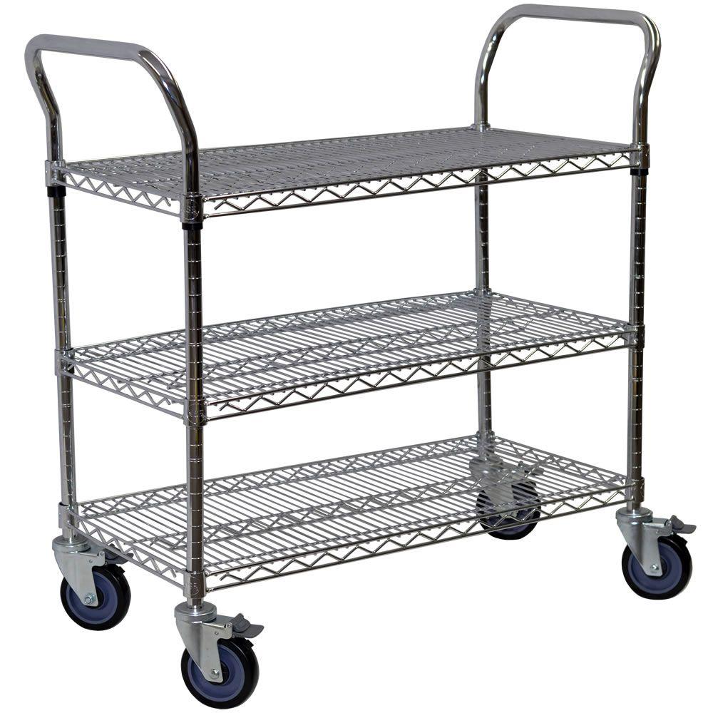 Storage Concepts 3-Shelf Steel Wire Service Cart in Chrome - 39 in H x 36 in W x 24 in D