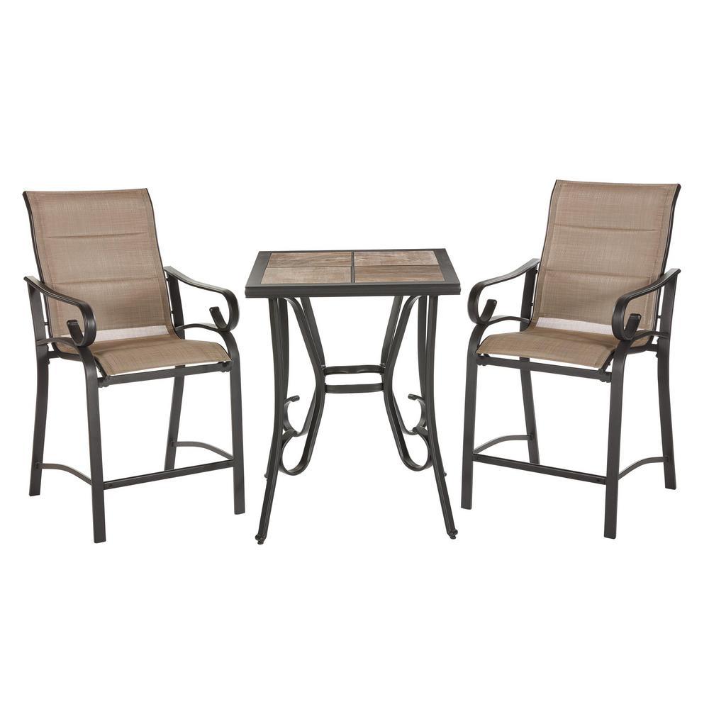 Hampton Bay Crestridge 3 Piece Steel Padded Sling Outdoor Patio Balcony Height Bistro Set In Putty Taupe Fcs60610h St The Home Depot