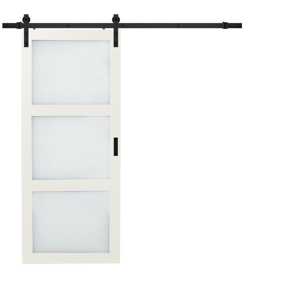 36 In X 84 In Bright White Solid Core Rustic 3 Lite Frost Sliding Barn Door With Composite Hardware Kit