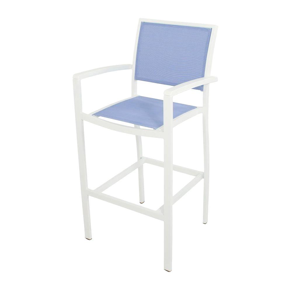 Polywood Bayline Satin White All Weather Aluminum Plastic Outdoor Bar Arm Chair In Poolside Sling Polywood Bayline Satin White All Weather Aluminum Plastic Outdoor Bar Arm Chair In Poolside