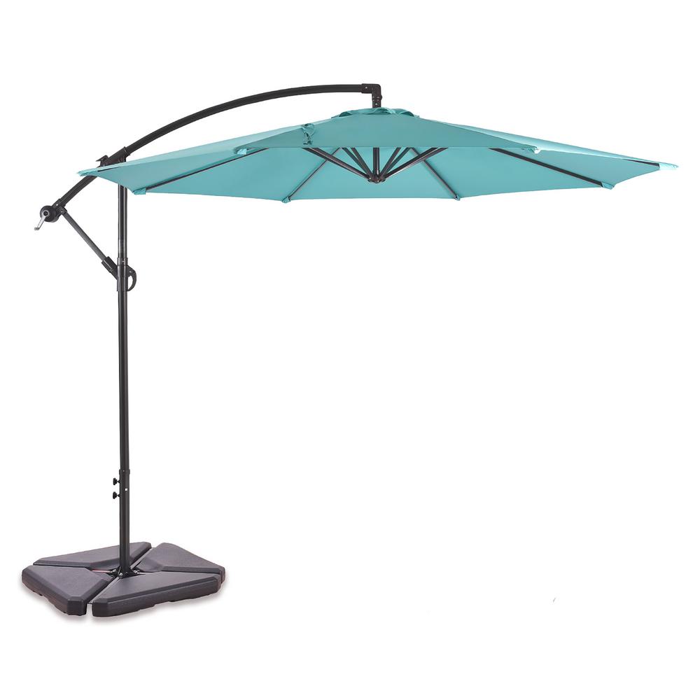 Westin Outdoor Bayshore 10 Ft Cantilever Hanging Patio Umbrella In Turquoise With Base Weights 9805151 981 The Home Depot