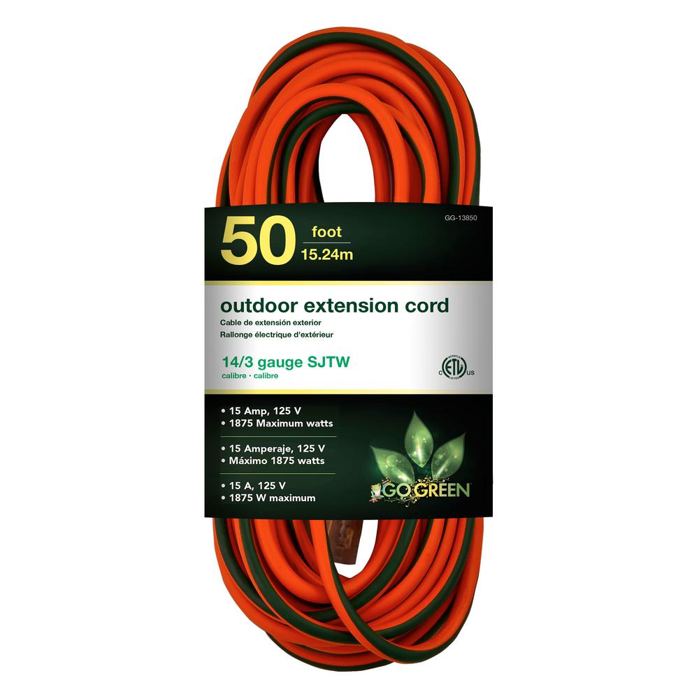 Go Green Power 50 ft. 14/3 SJTW Outdoor Extension Cord, Orange with