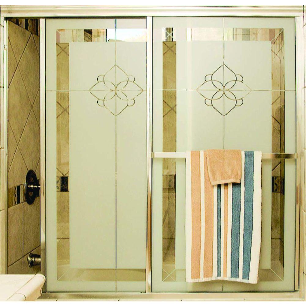 Model 1100 58 1 2 In X 67 3 4 Framed Sliding Shower Door Bright Clear With Paladin Rose Etched Glass