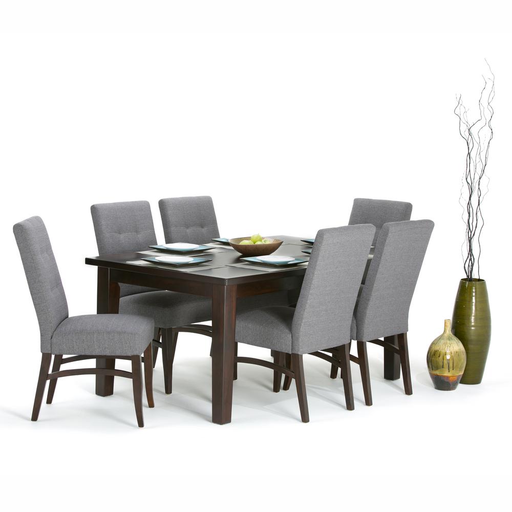 Simpli Home Ezra 7 Piece Dining Set With 6 Upholstered Chairs Ezra 7 Piece Dining Set With 6 Upholstered Chairs In Slate Grey Linen Look Fabric And 66 Wide Table