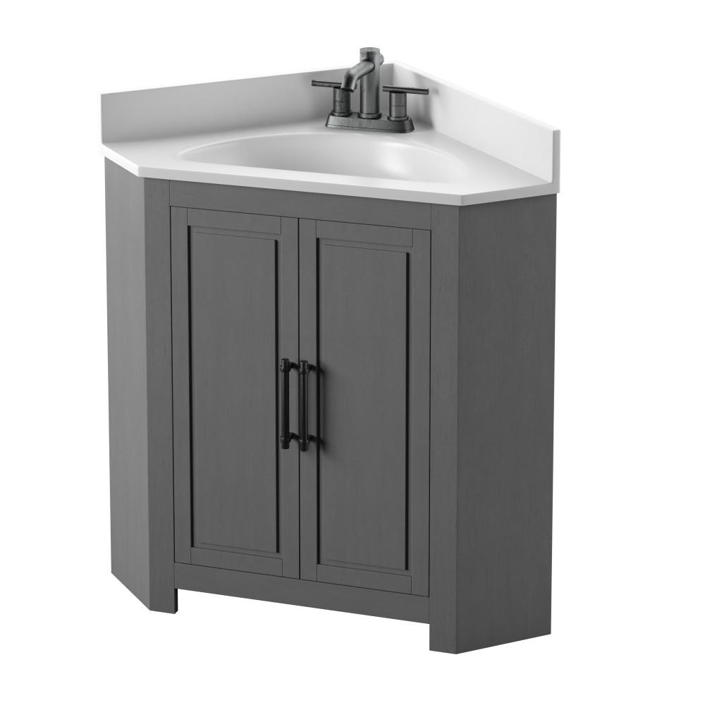 Twin Star Home 25 in. W x 25 in. D Corner Bathroom Vanity in Antique Gray with White Top and White Basin