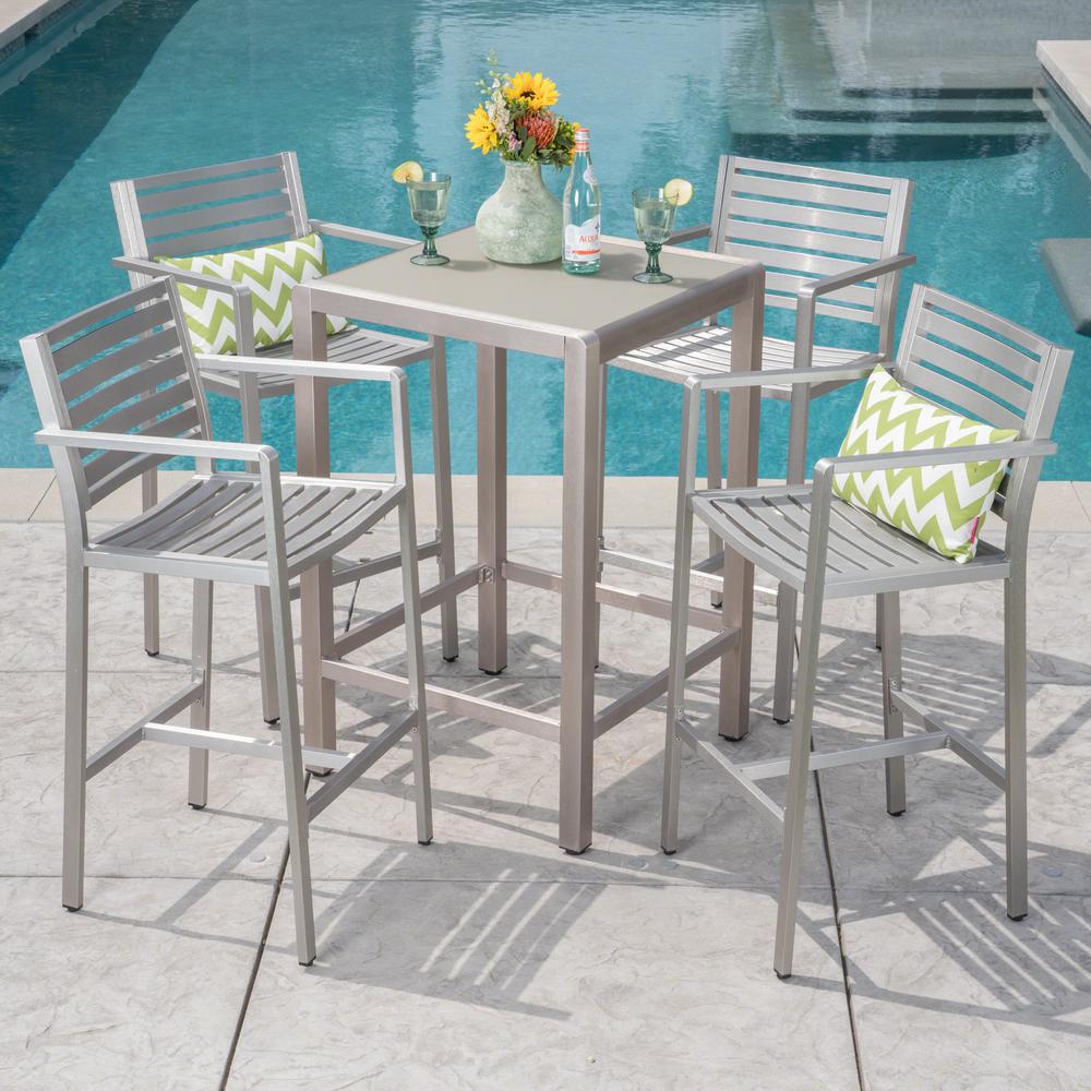 Noble House Cape Coral Silver 5-Piece Metal Outdoor Bar Height Bistro