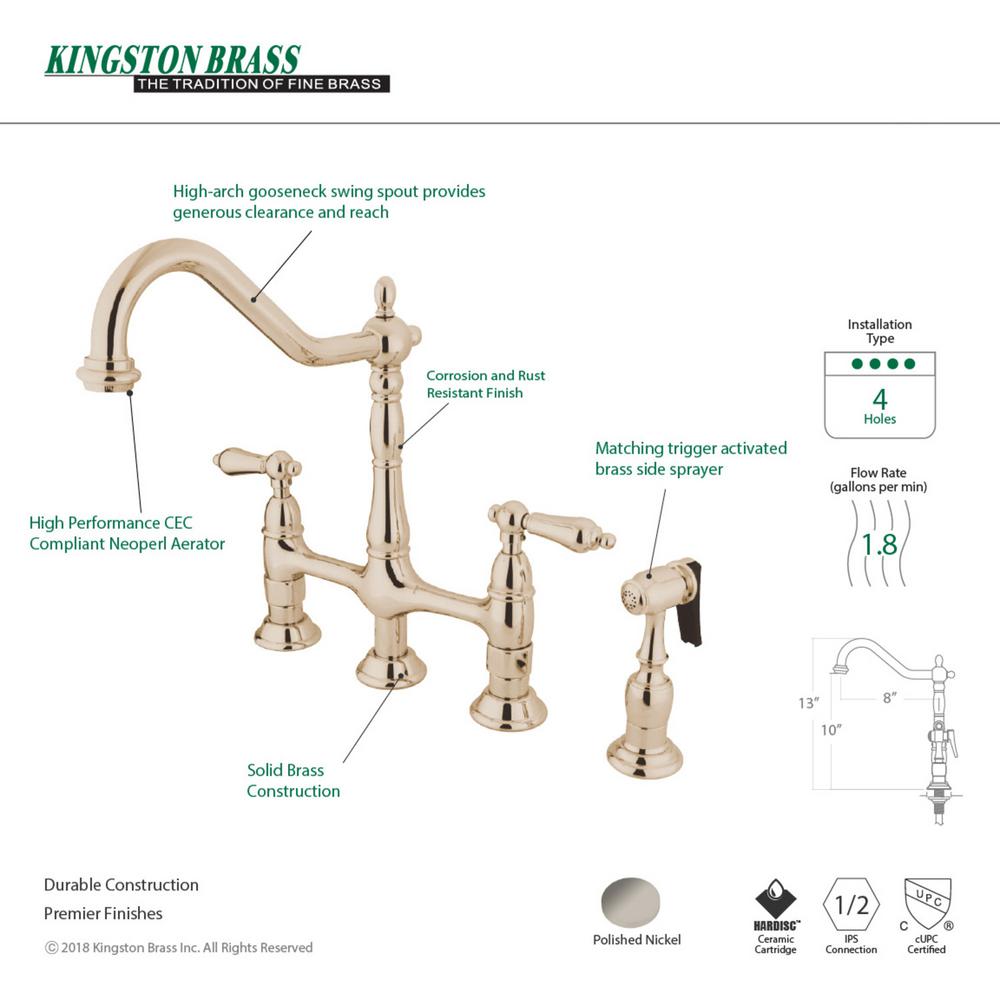 Kingston Brass Heritage 2 Handle Bridge Kitchen Faucet With Side