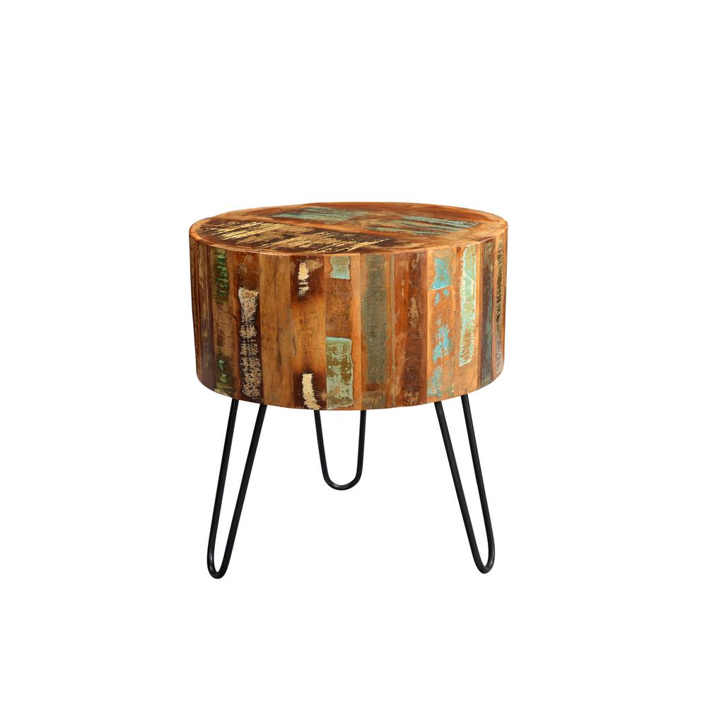 Tulsa Multi Colored Reclaimed Wood Round End Table With Hairpin Legs Undefined Tulsa Multi Colored Reclaimed Wood Round End Table With Hairpin Legs