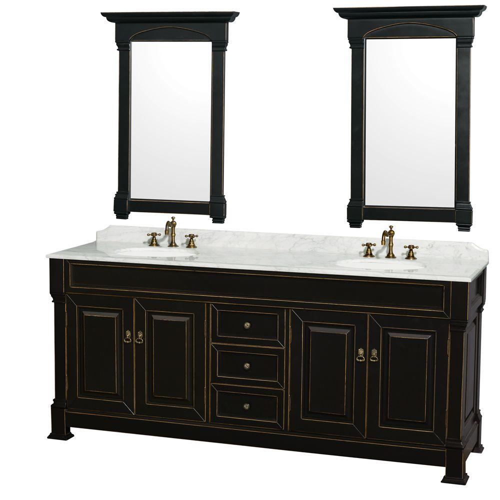Wyndham Collection Andover 80 In Vanity Black With Marble Top Carrara White Porcelain Sink And Mirrors